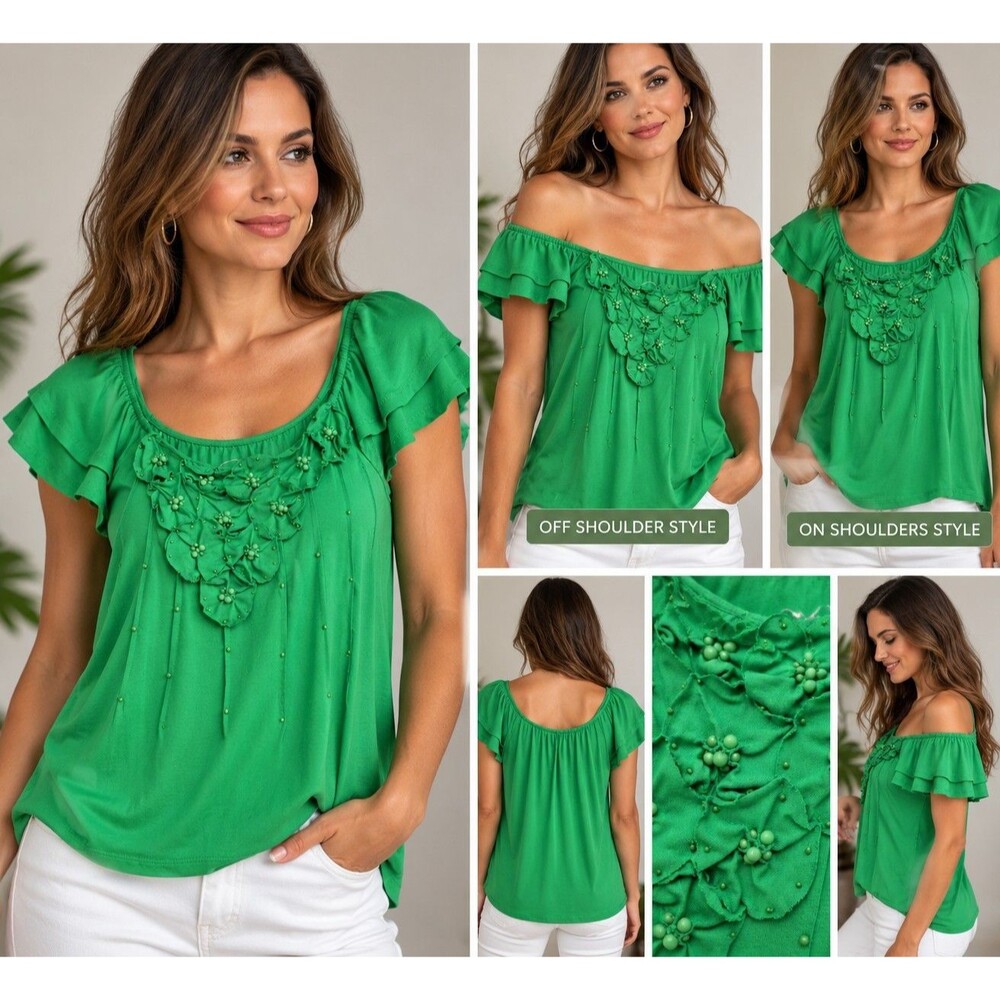 INC International Concepts Green Beaded Floral Ruffle Off Shoulder Top Size S